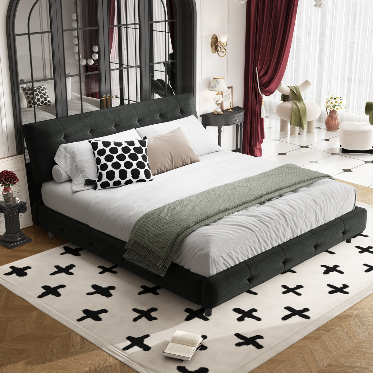 King Size Bed Frame with Tufted Headboard and Extra-Large Cloud Pillow Design