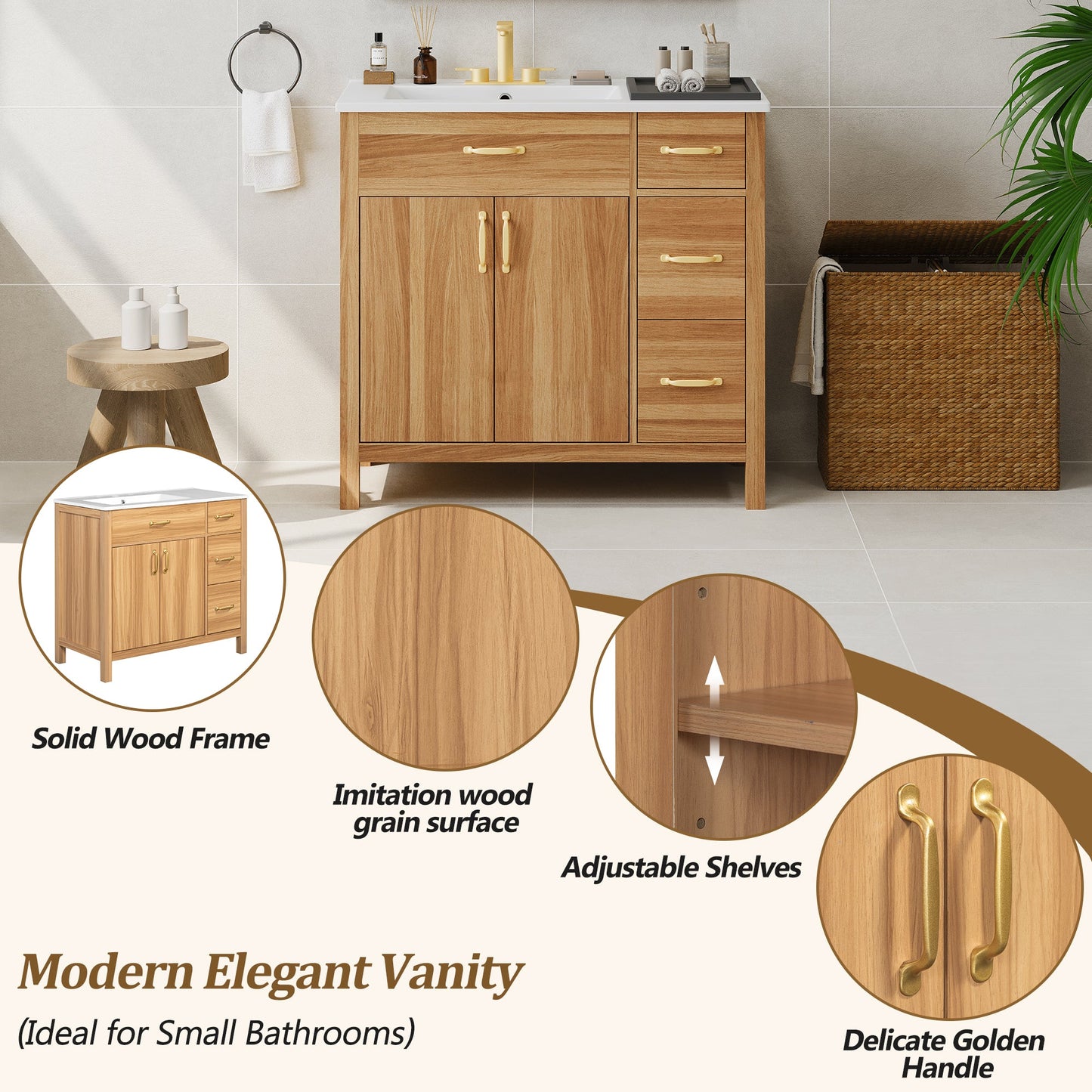 36" Wood Bathroom Vanity with Solid Wood Frame
