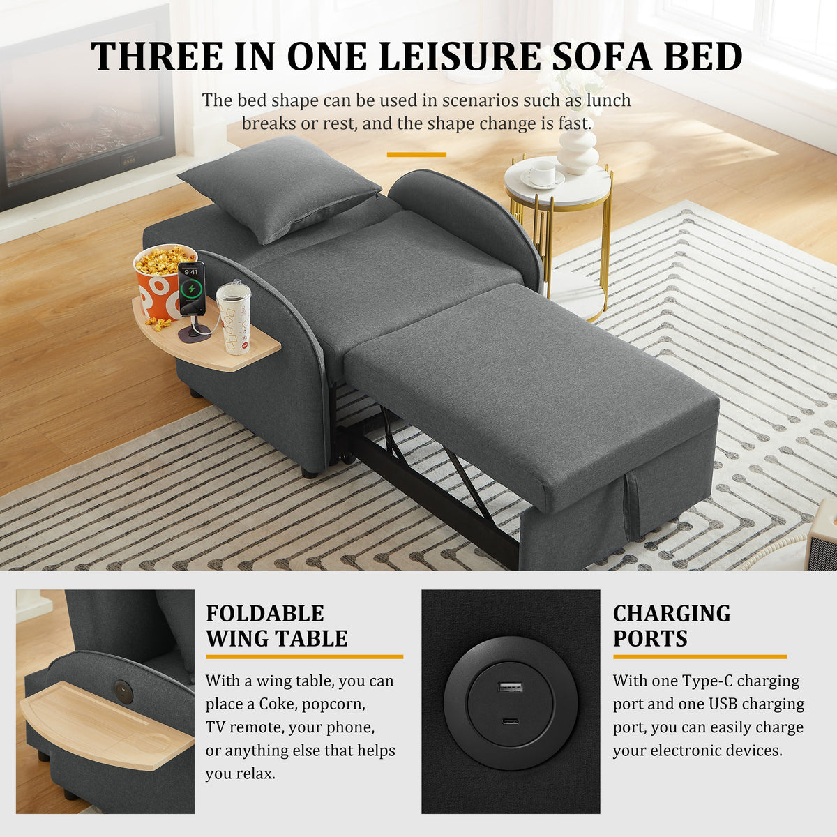3 In 1 Convertible Sleeper Sofa Chair Bed