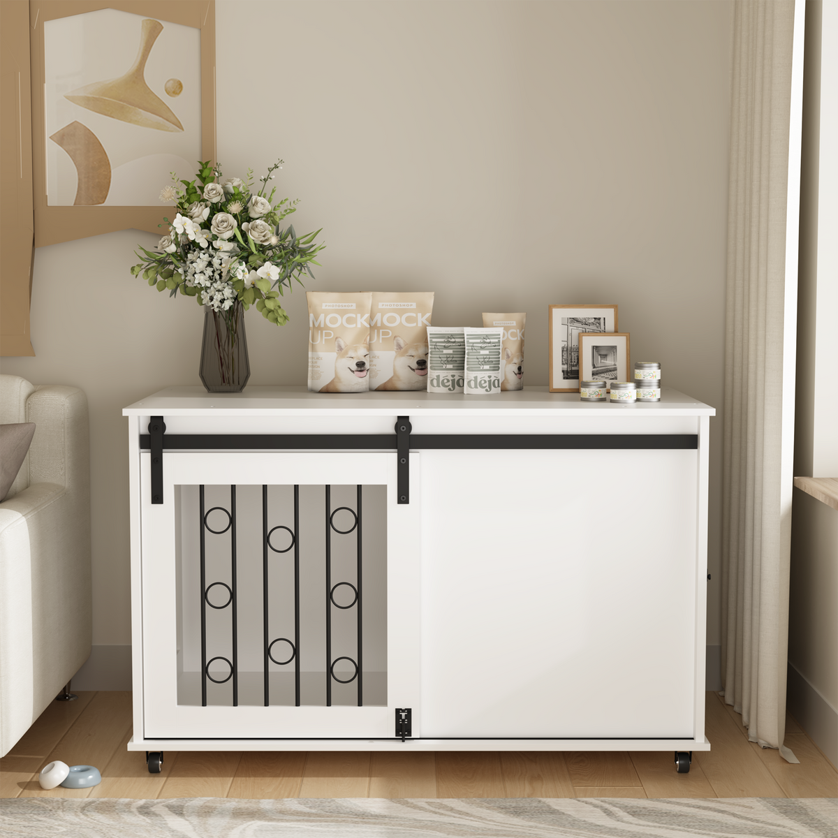 Modern Wooden Dog Crate Furniture with Sliding Barn Door
