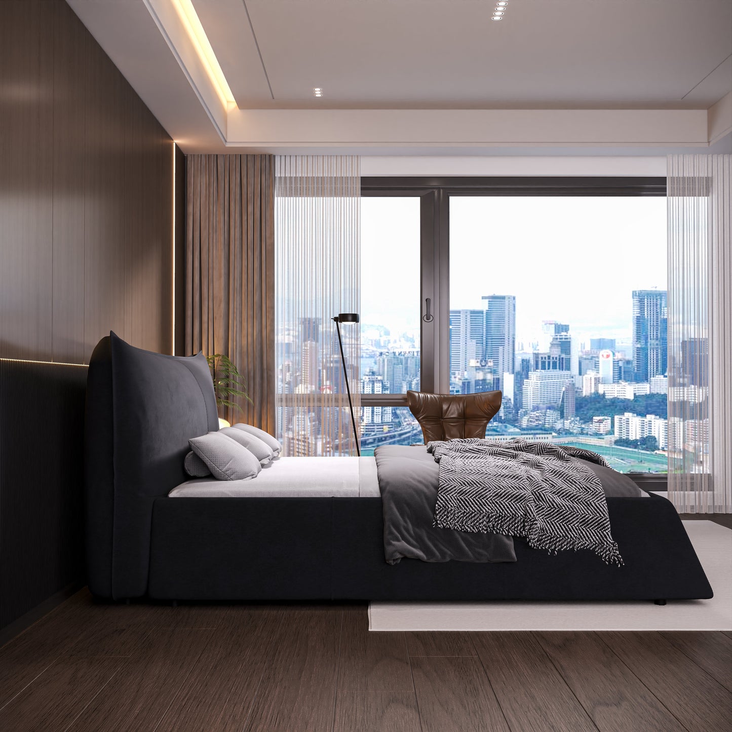 Queen Size Upholstered Platform Bed with Special Shaped Velvet Headboard