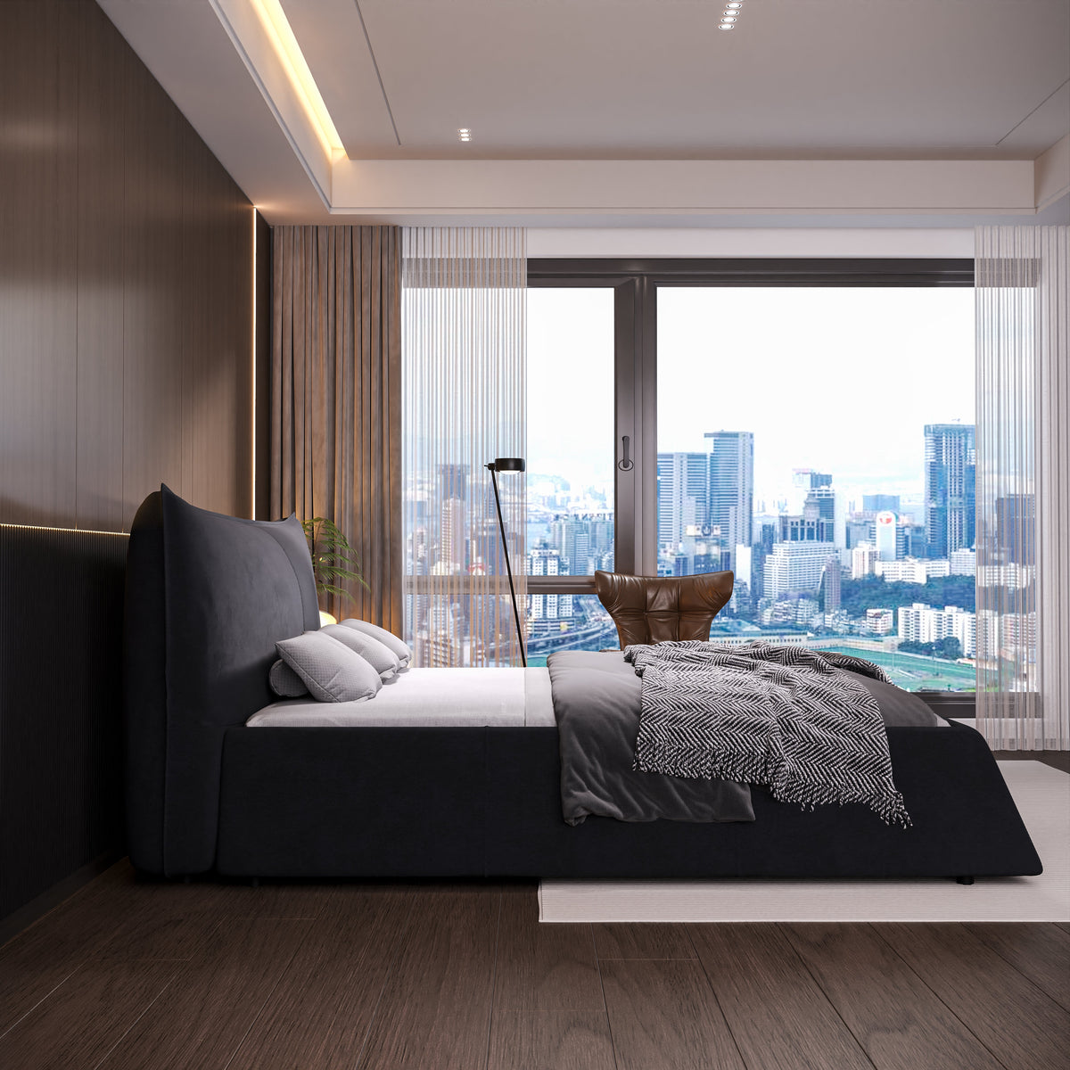 King Size Upholstered Platform Bed with Special Shaped Velvet Headboard