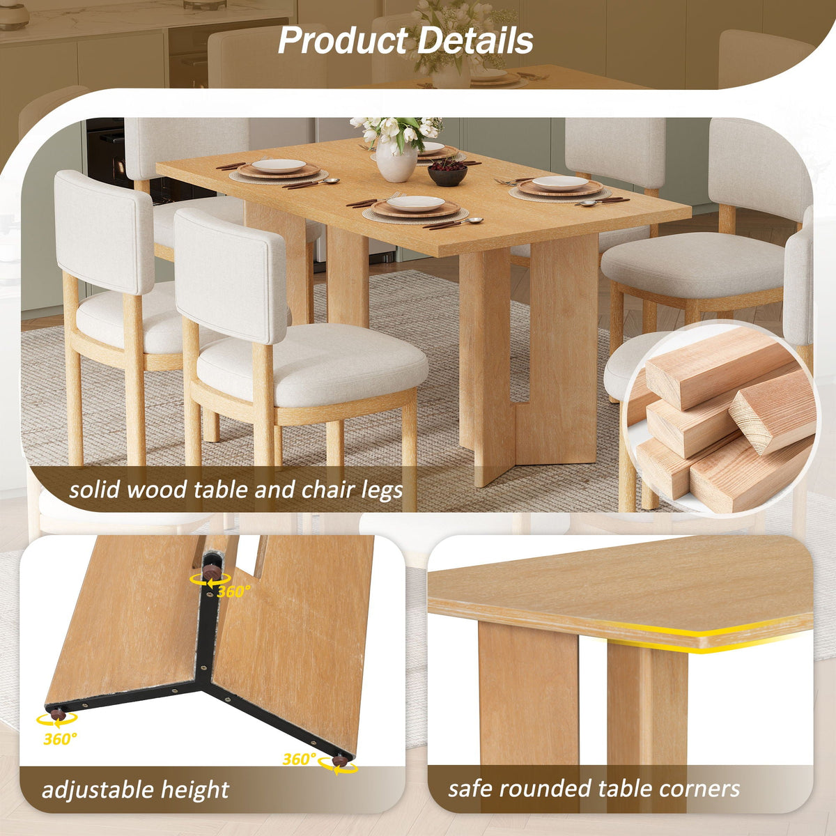 Dining Table Set With 6 Upholstered Chairs, Rectangular Table With Cutout Legs - view 10