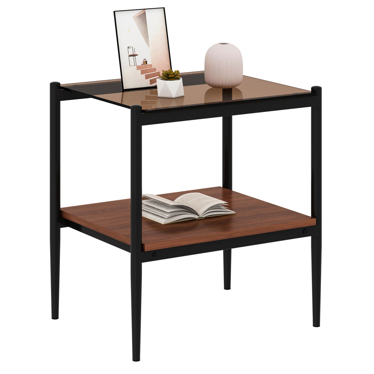 Modern Rectangle End Table (Set of 2) With Tempered Glass Tabletop And Layer - Brown - view 6