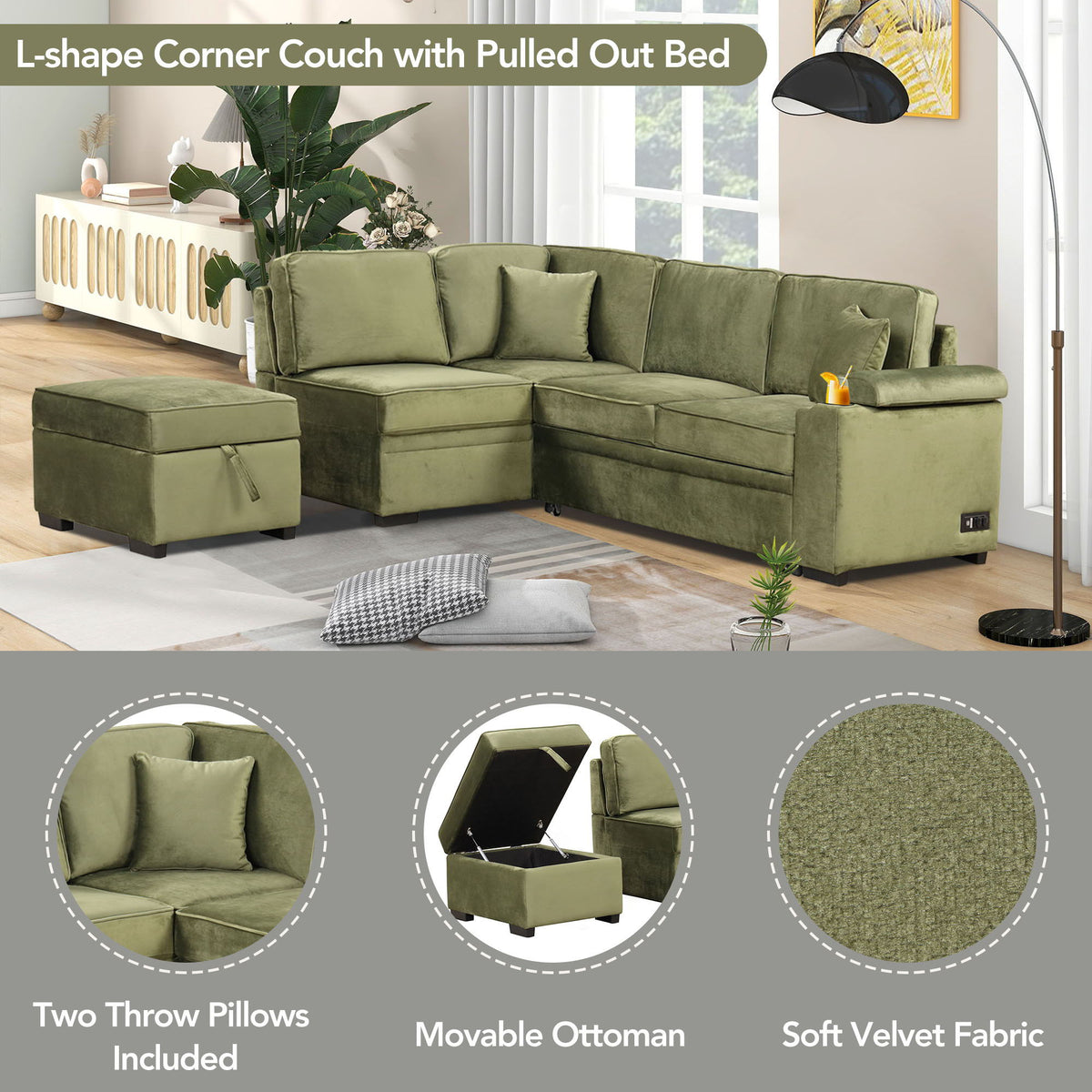 Sleeper Sofa Bed, 2 In 1 Pull Out Sofa Bed L Shape Couch With Storage Ottoman For Living Room, Bedroom Couch - view 16