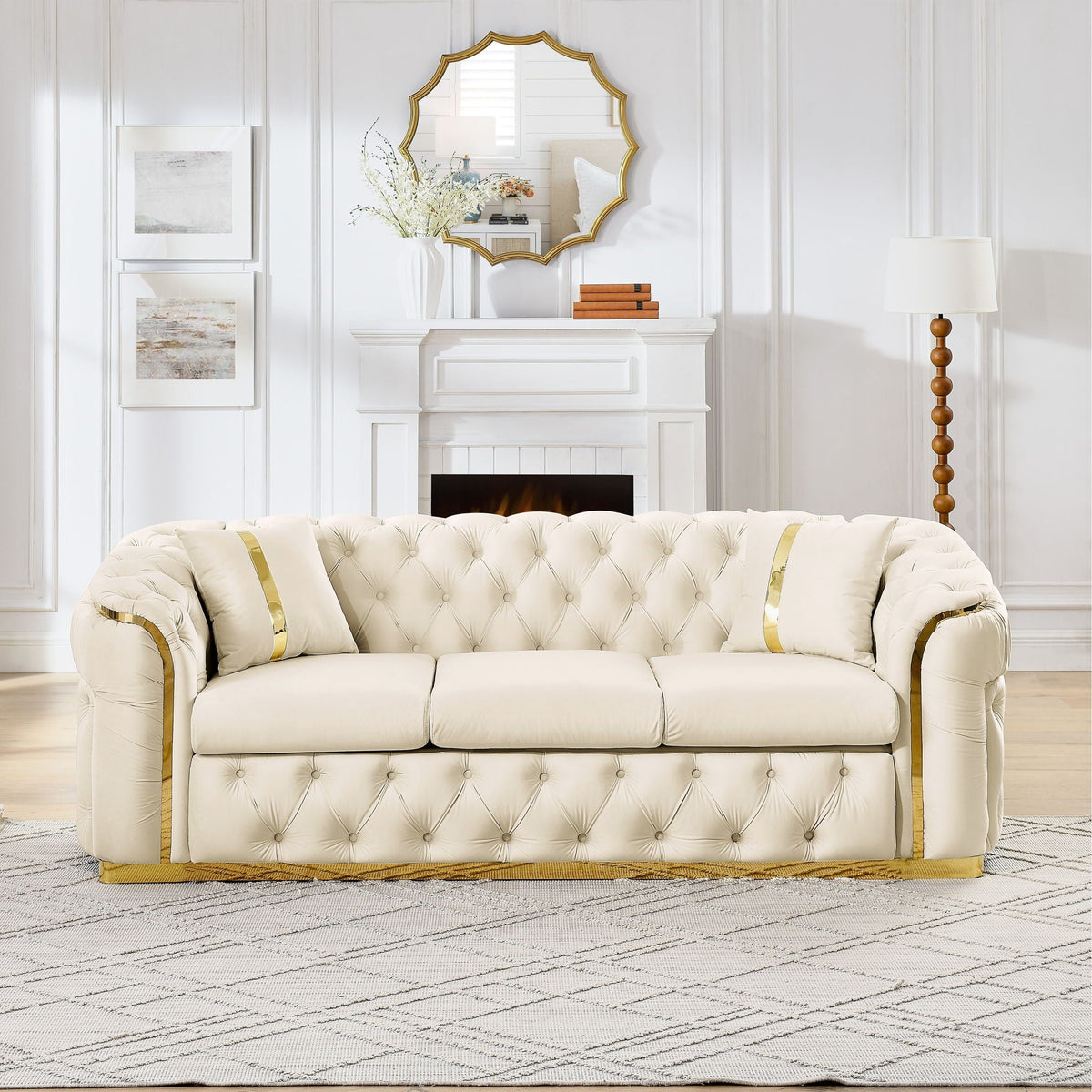 Button Tufted Couch With 2 Pillows, 3 Seater Luxury Chesterfield Sofa - view 15