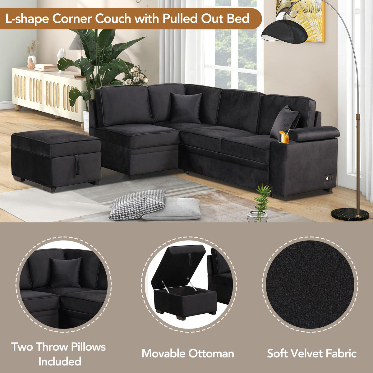Sleeper Sofa Bed, 2 In 1 Pull Out Sofa Bed L Shape Couch With Storage Ottoman For Living Room, Bedroom Couch - view 17