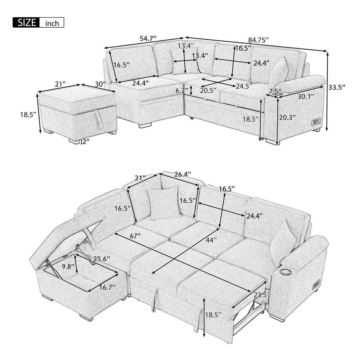 Sleeper Sofa Bed, 2 In 1 Pull Out Sofa Bed L Shape Couch With Storage Ottoman For Living Room, Bedroom Couch - view 18
