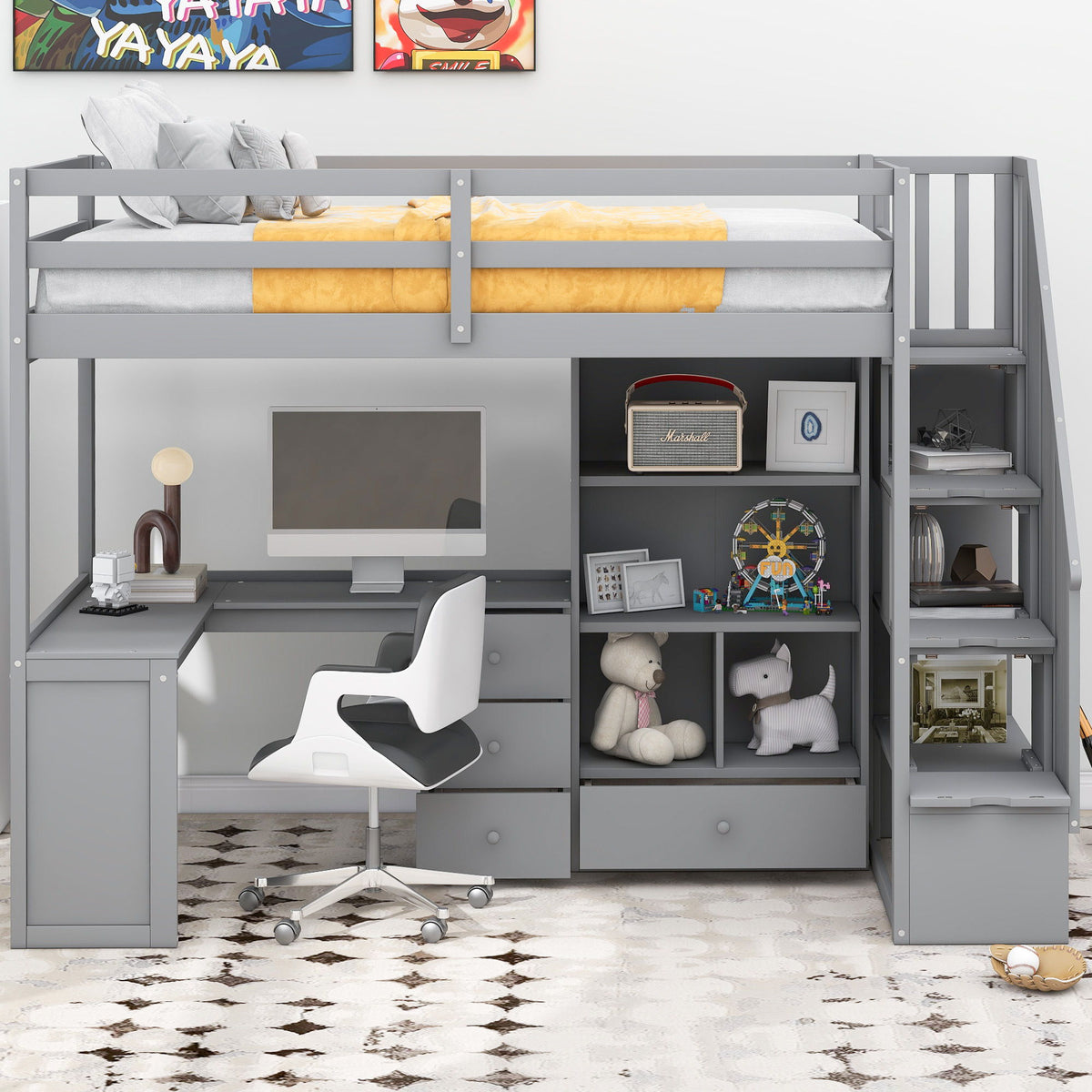 Loft Bed With L Shaped Desk, Drawers, Cabinet, And Storage Staircase - view 9
