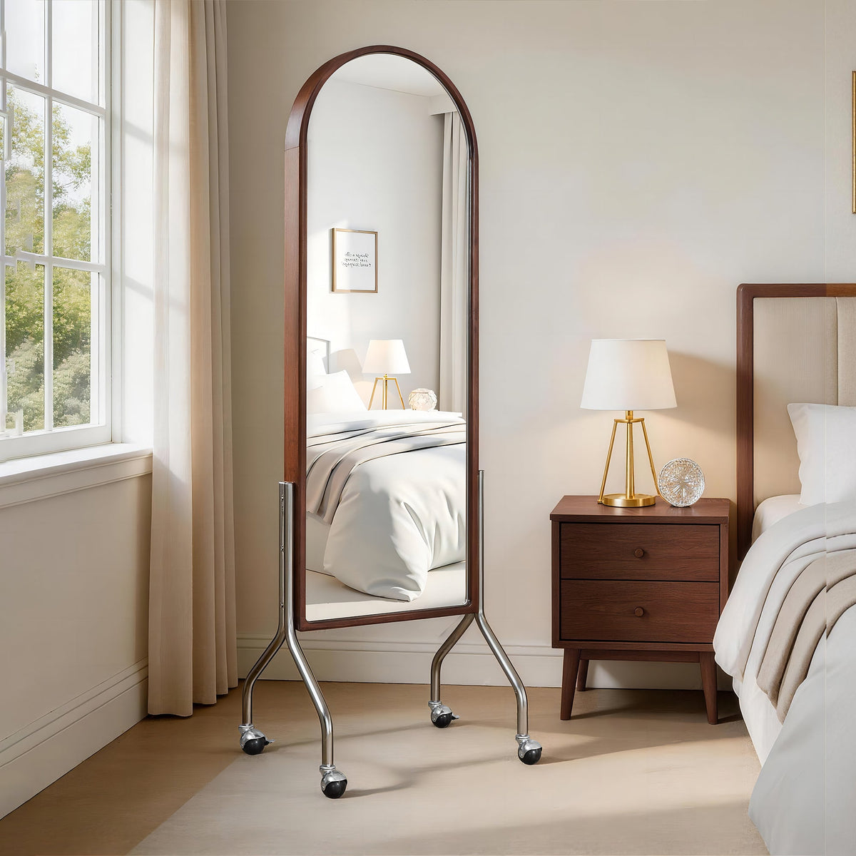 Arched Full Length Mirror with Storage Shelves & Wheels
