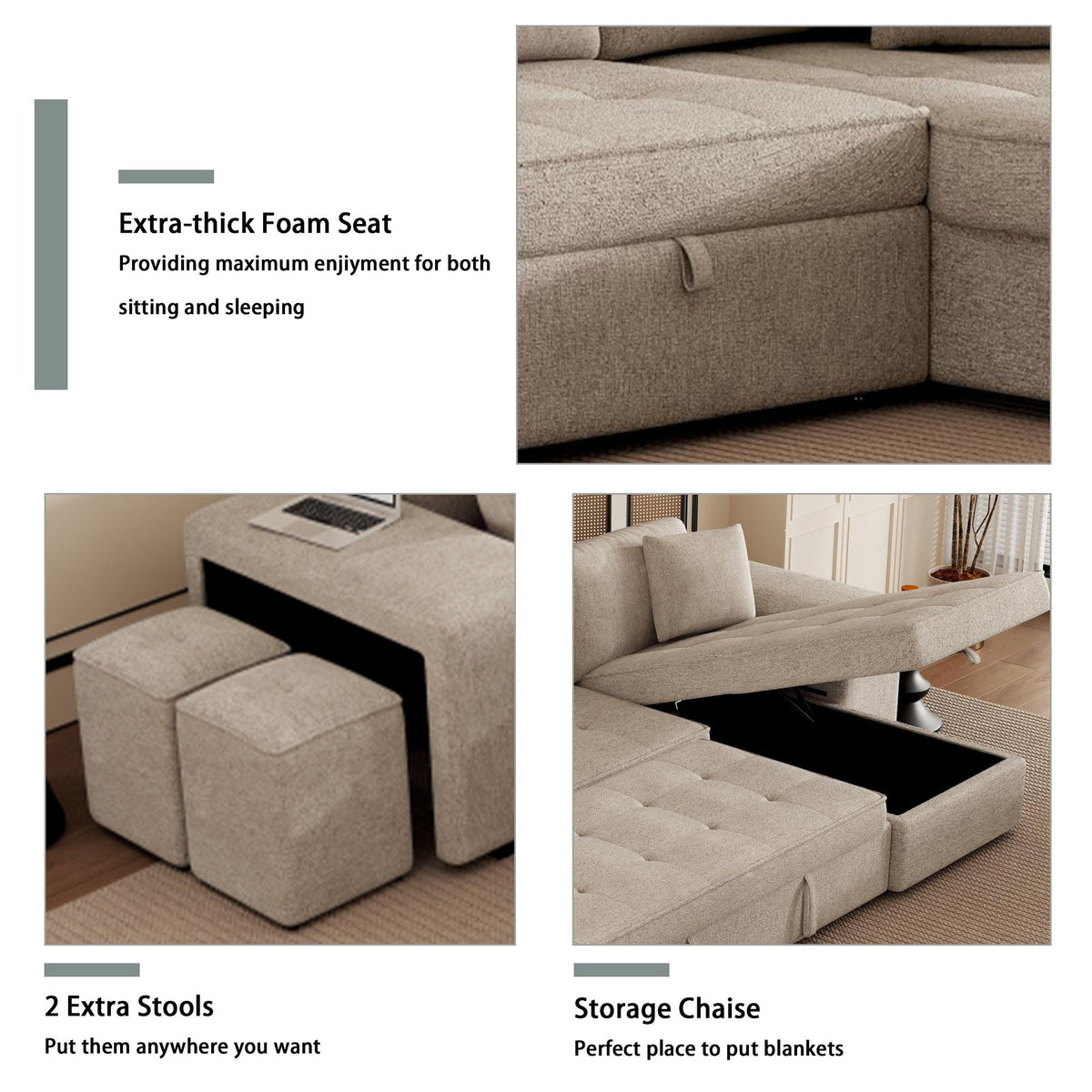 Modern L-Shape 3 Seat Reversible Sectional Couch, Pull Out Sleeper Sofa With Storage Chaise And 2 Stools For - view 17