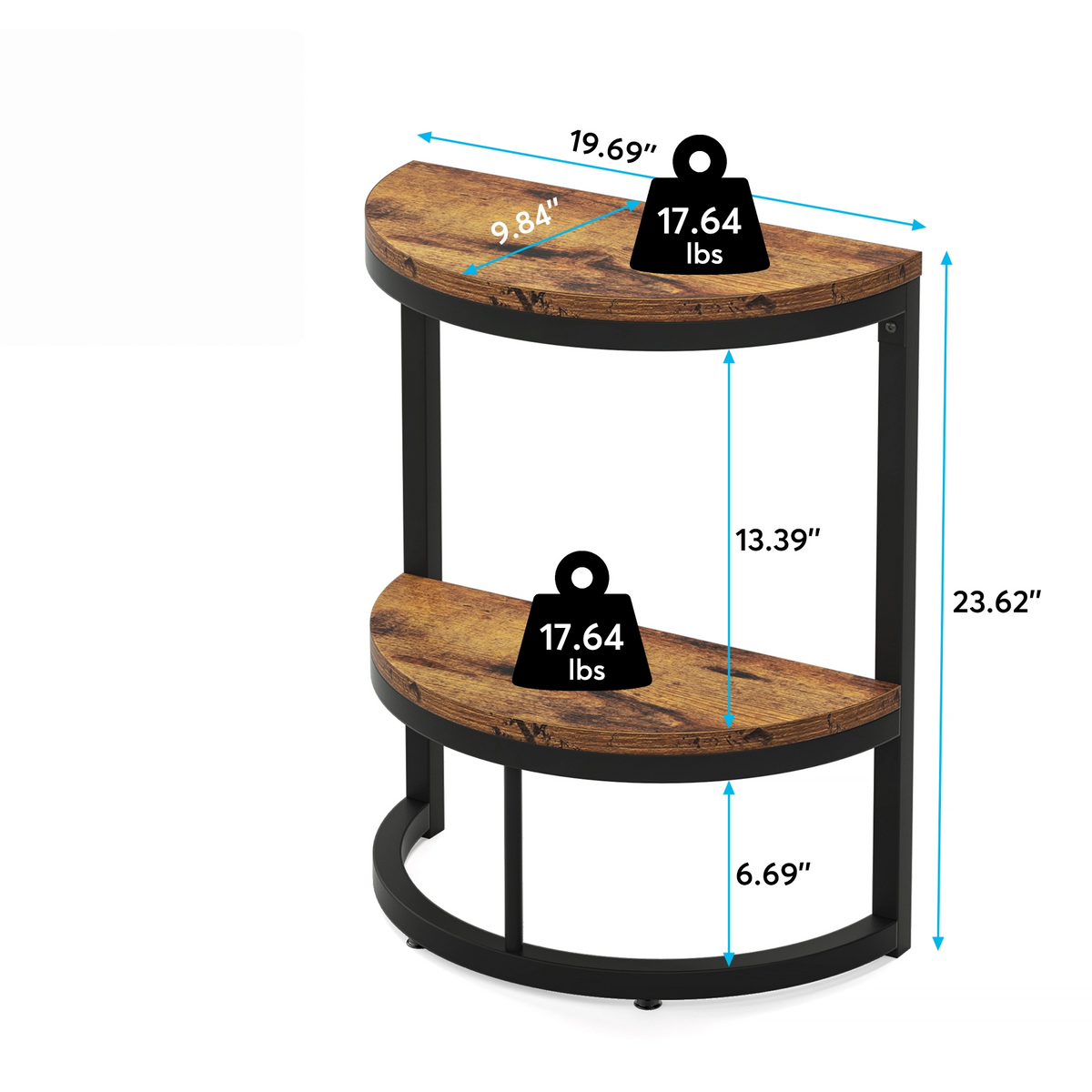 Slim Half Moon 2-Tier Semi-Circle End Table, 19.69" Rustic