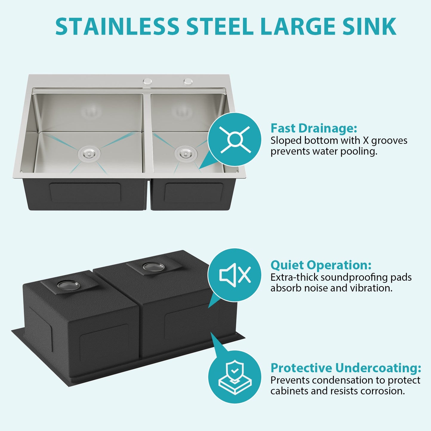 Topmount Drop In Kitchen Sink - 33" x 22" Double Bowl (60/40)