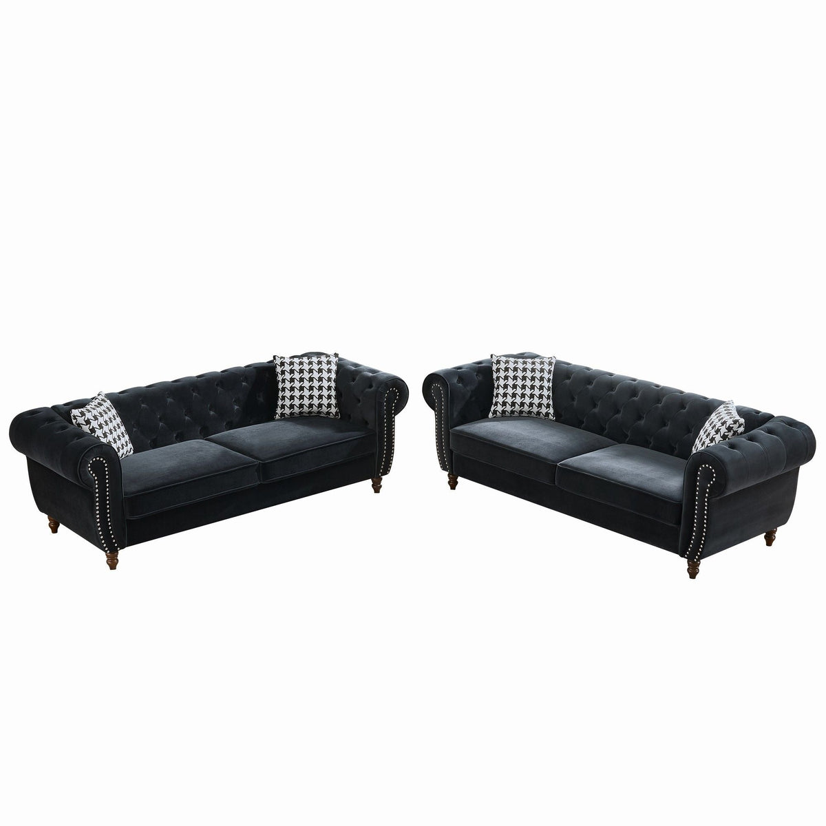 Chesterfield Upholstery Fabric Sofa With Roll Armrest & Nailhead, Mid Century Modern 3 And 3 Seater Couch - view 6