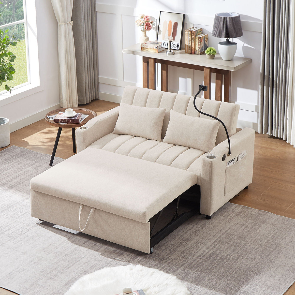 Convertible Sofa Bed Loveseat Sofa With Three USB Ports, Two Side Pockets, Two Cup Holders And 360° swivel - view 9