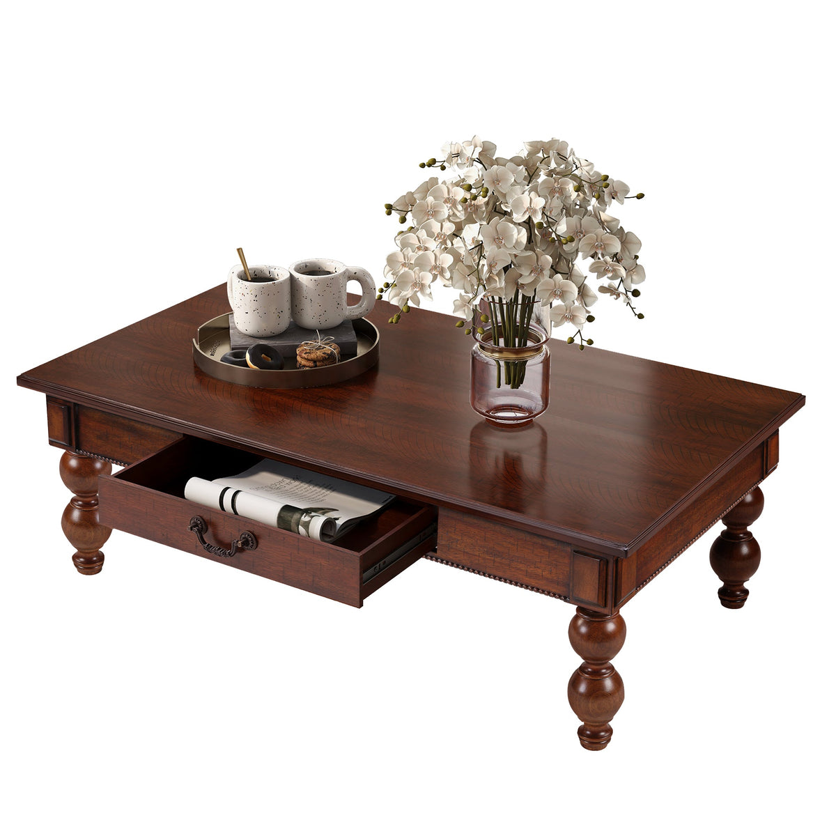 Rectangular Wooden Coffee Table with Storage Drawer - Walnut