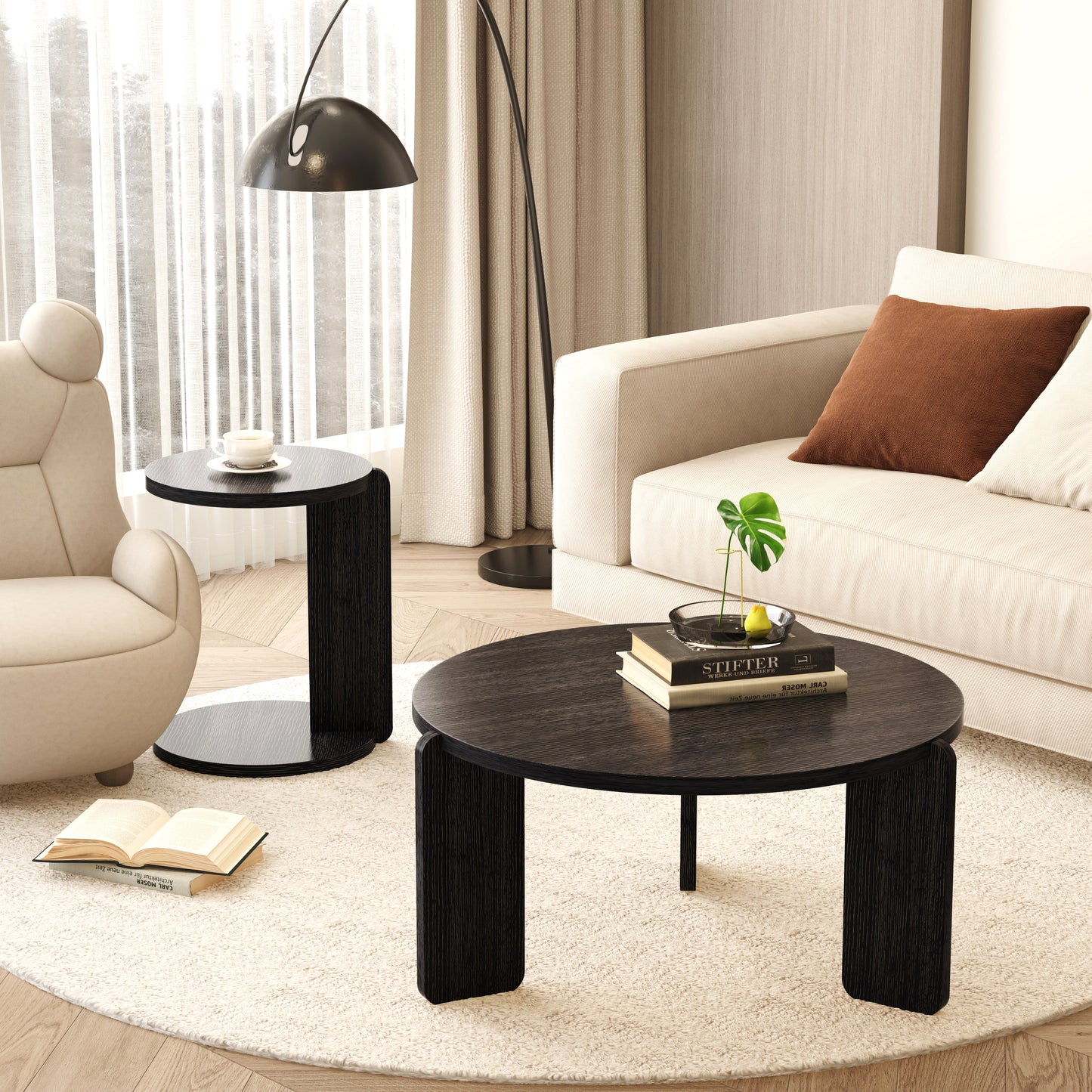 Nesting Round Wood Coffee Table with End Table Set of 2