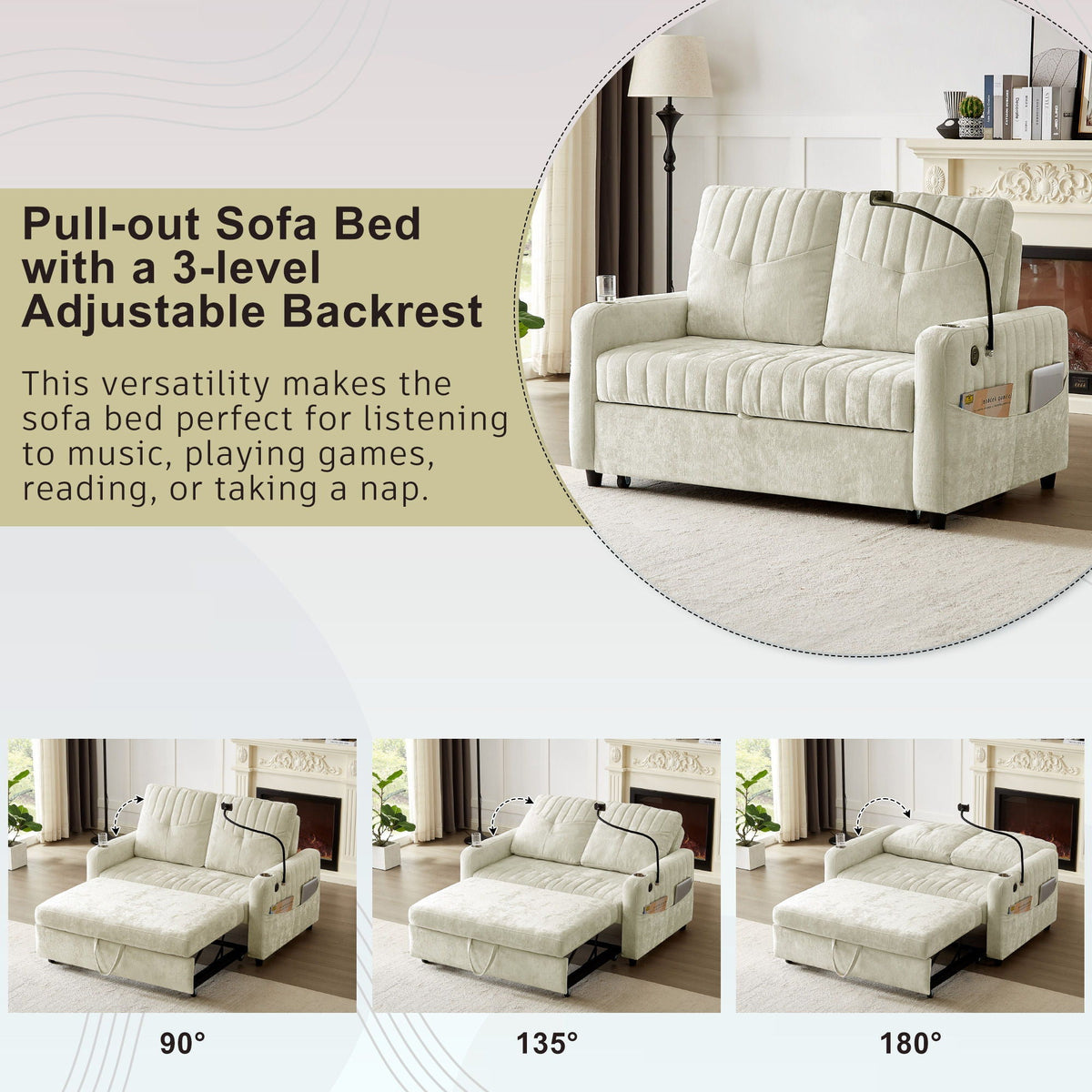 Modern Loveseat Pull Out Sofa Bed With Adjustable Backrest, Two Cup Holders, A Phone Holder, Three Charging - view 8
