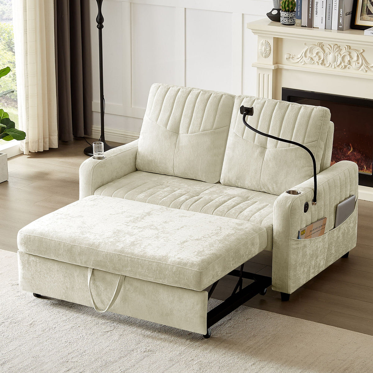 Modern Loveseat Pull Out Sofa Bed With Adjustable Backrest, Two Cup Holders, A Phone Holder, Three Charging - view 9