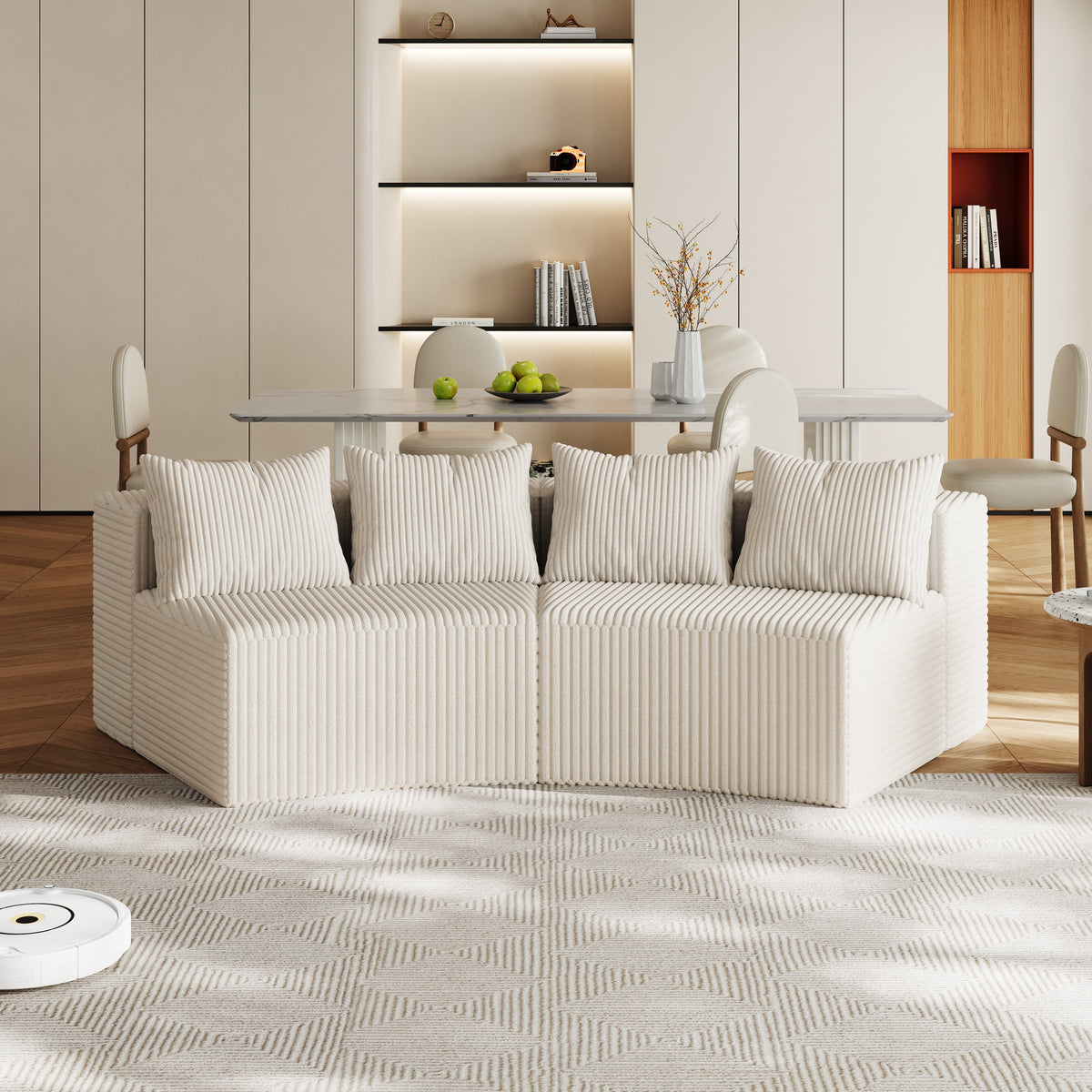 Corduroy Curved Sectional Sofa with Four Pillows
