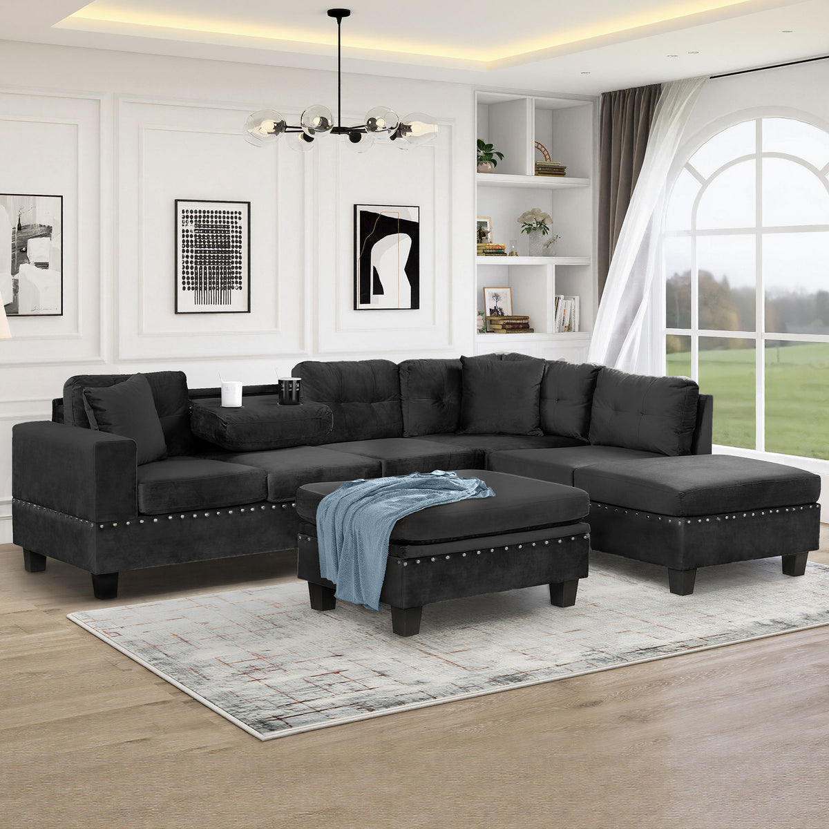 Modern Sectional Sofa With Storage Ottoman, L - Shape Couch With 2 Pillows And Cup Holders - view 11