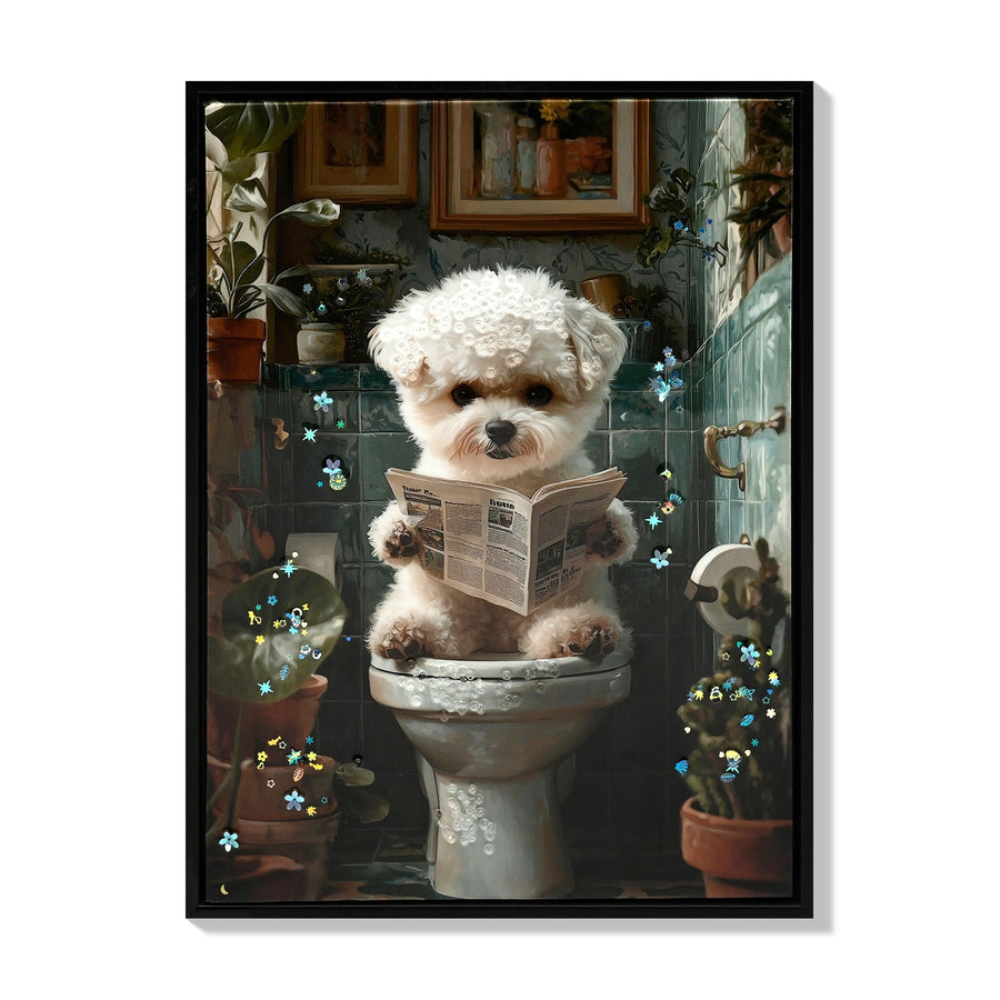 Framed Bathroom Decor, Cute Puppy 3D Canvas Print with Picture Frame - Indigo / White