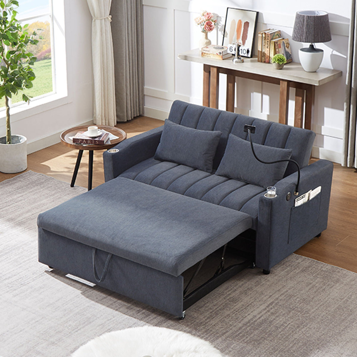 Convertible Sofa Bed Loveseat Sofa With Three USB Ports, Two Side Pockets, Two Cup Holders And 360° swivel - view 10