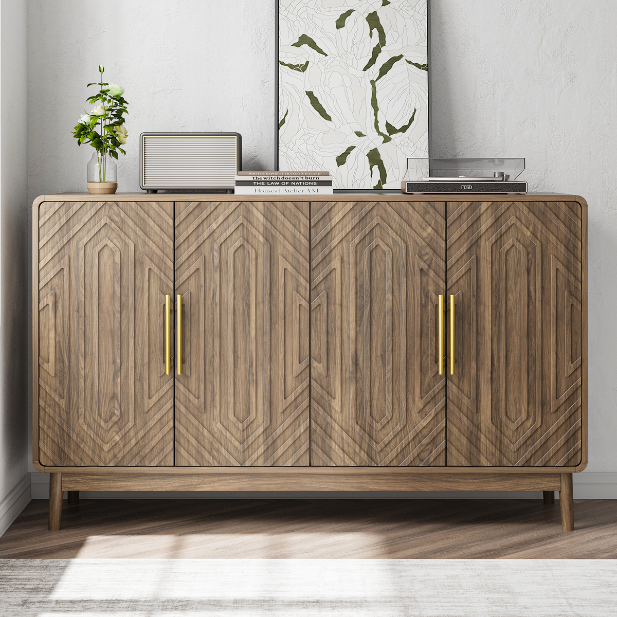 Carved 4-Door Sideboard Buffet Cabinet