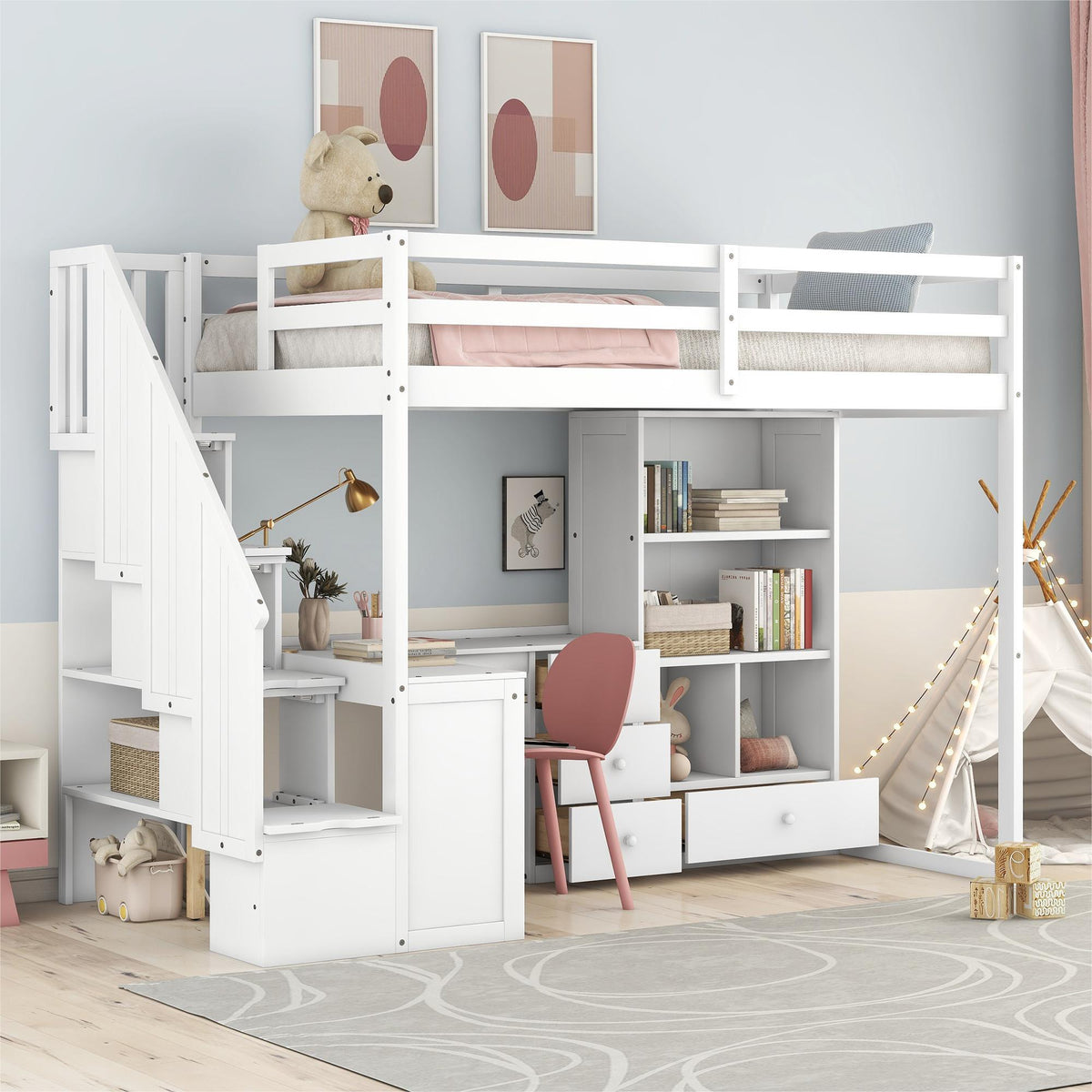 Loft Bed With L Shaped Desk, Drawers, Cabinet, And Storage Staircase - view 10