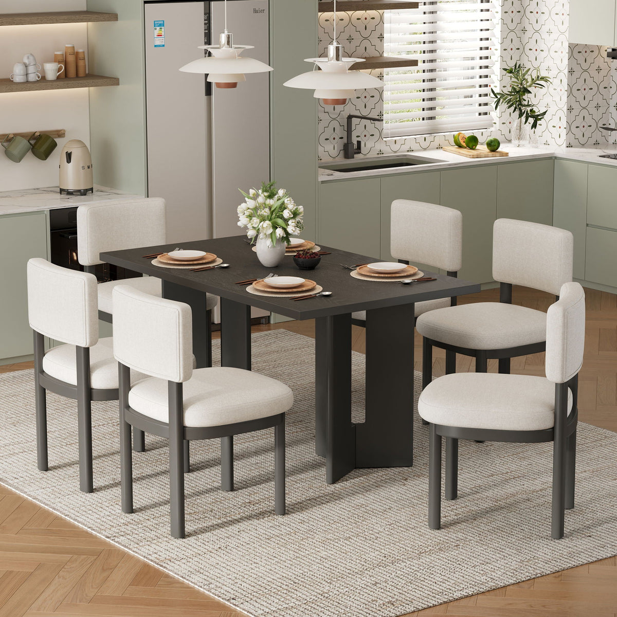 Dining Table Set With 6 Upholstered Chairs, Rectangular Table With Cutout Legs - view 11