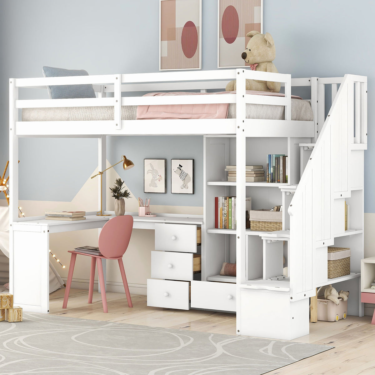 Loft Bed With L Shaped Desk, Drawers, Cabinet, And Storage Staircase - view 11