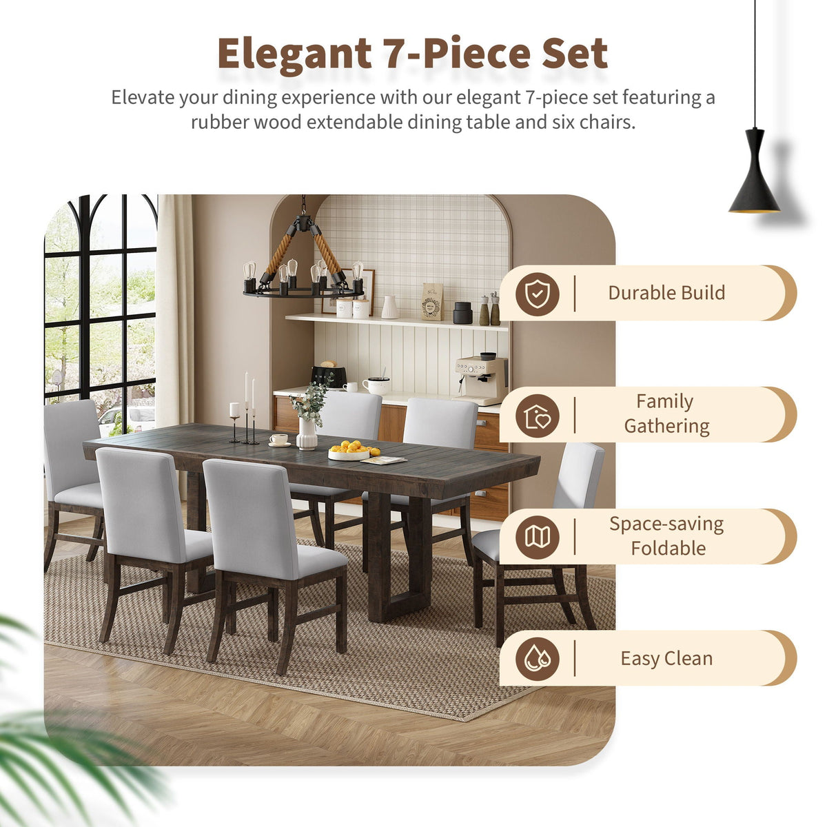 Topmax - 7 Piece Traditional Extendable Dining Table Set With Butterfly Leaf And 6 Upholstered Dining Table - view 10