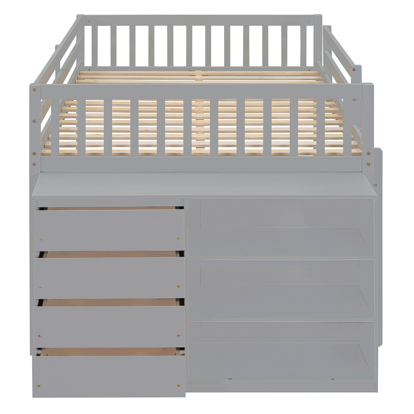 Full Over Full Bunk Bed with 4 Drawers and 3 Shelves - Gray