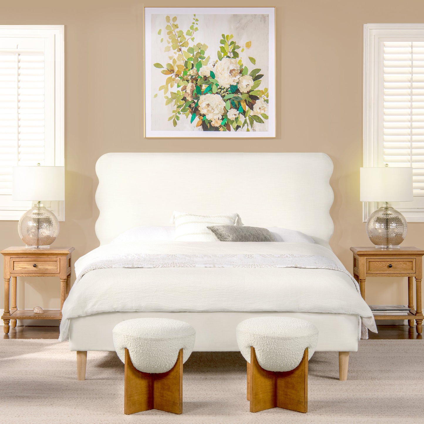 Stockholm Modern Wavy Headboard Platform Bed, Queen, Antique