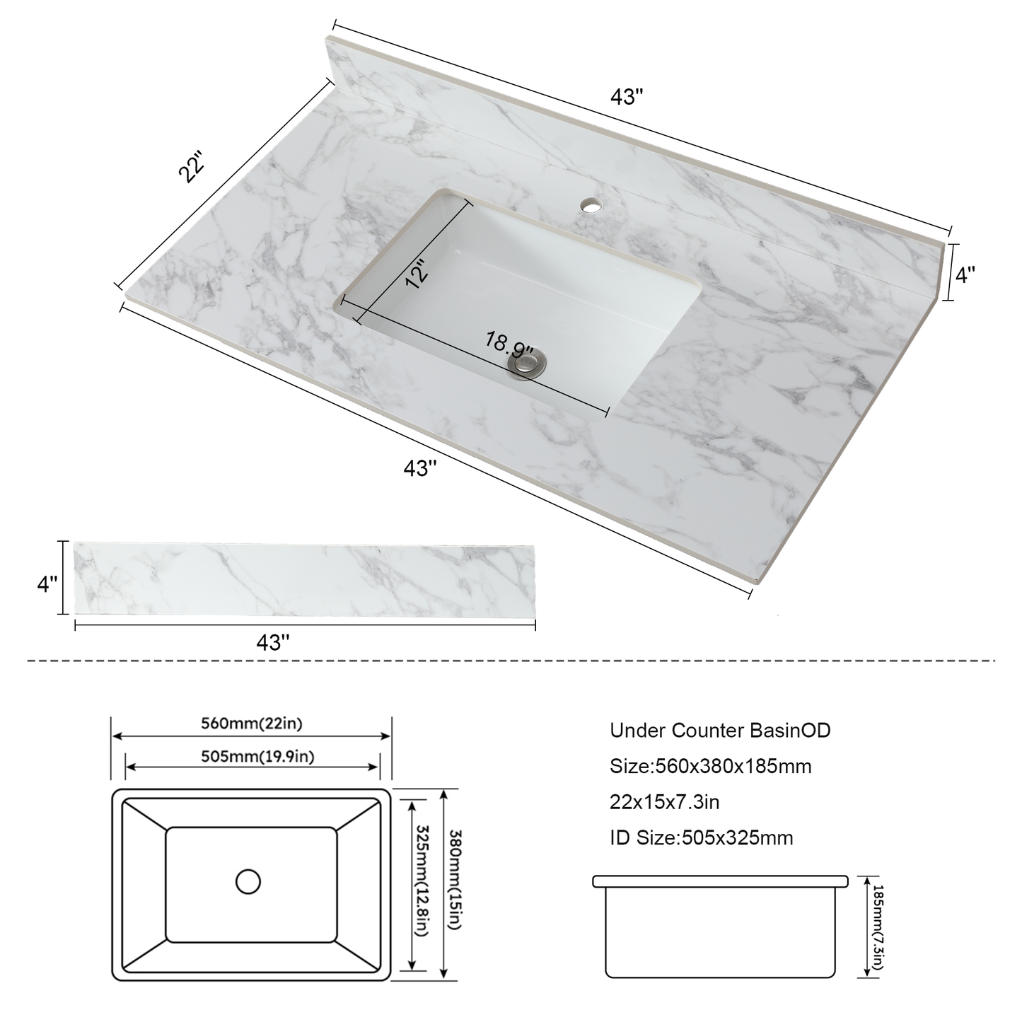43" x 22" Sintered Stone Bathroom Vanity Top
