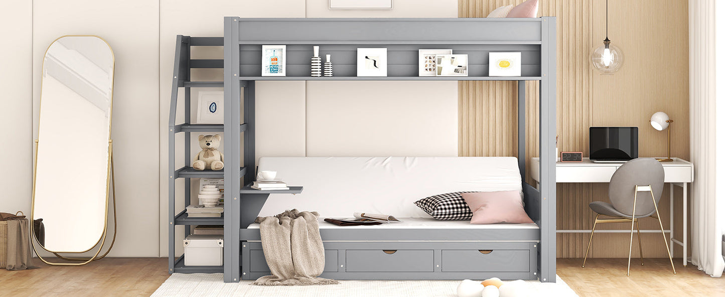 Wood Full Size Convertible Bunk Bed with Storage Staircase and Drawers