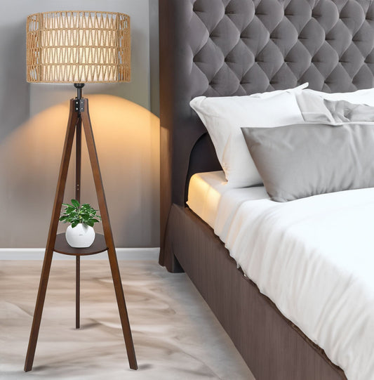 Boho Tripod Floor Lamp Shelves Rattan Shades