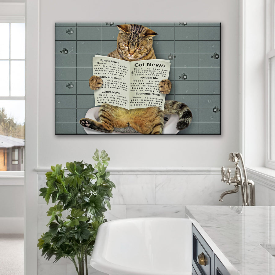 Cat Toilet Reading Newspaper Canvas Wall Art