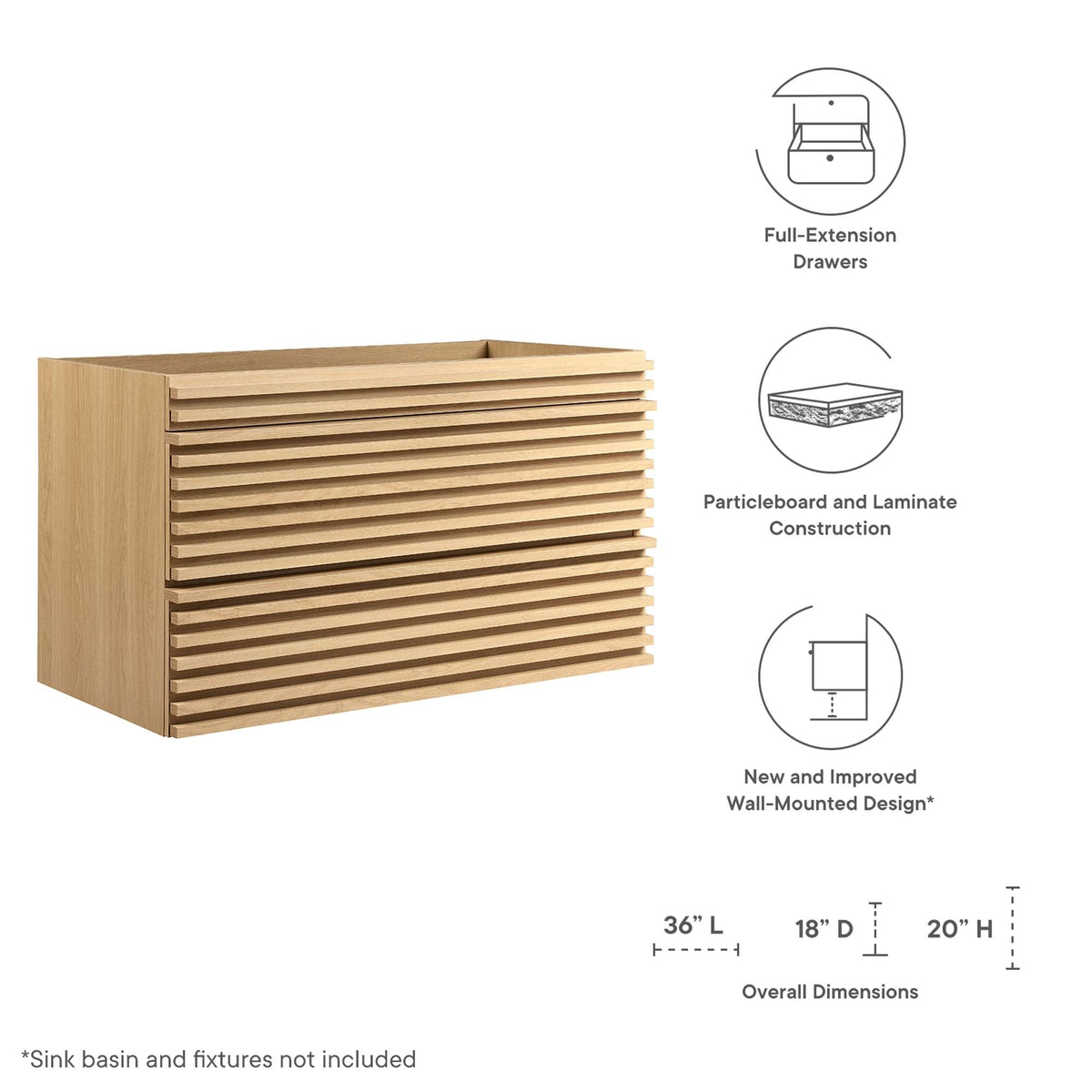 Render 36" Wall-Mount Bathroom Vanity Cabinet by Modway