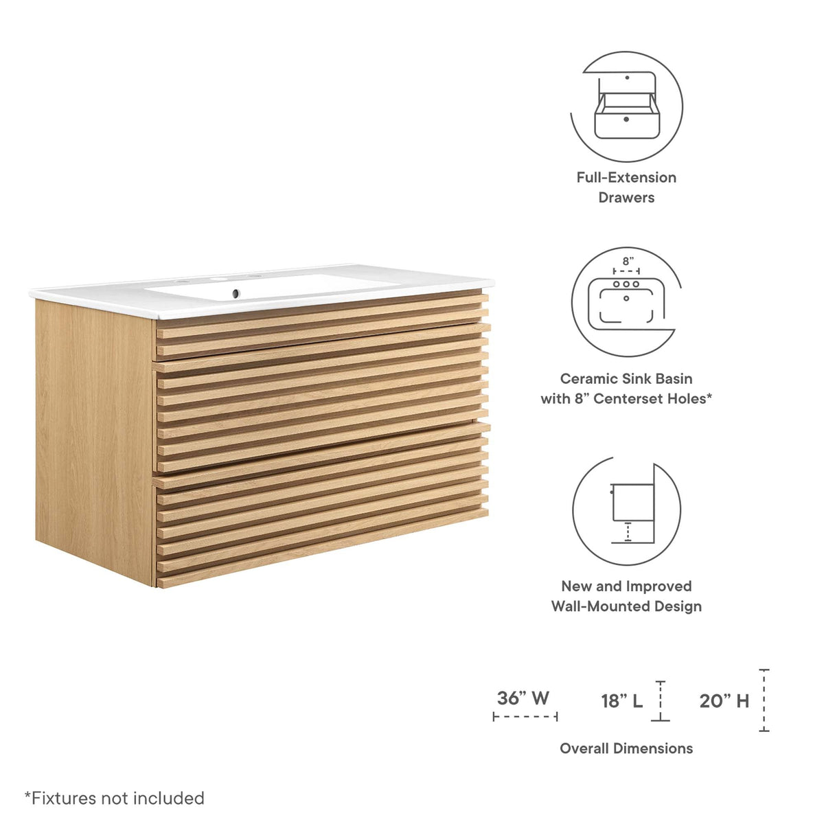 Render 36" Wall-Mount Bathroom Vanity by Modway