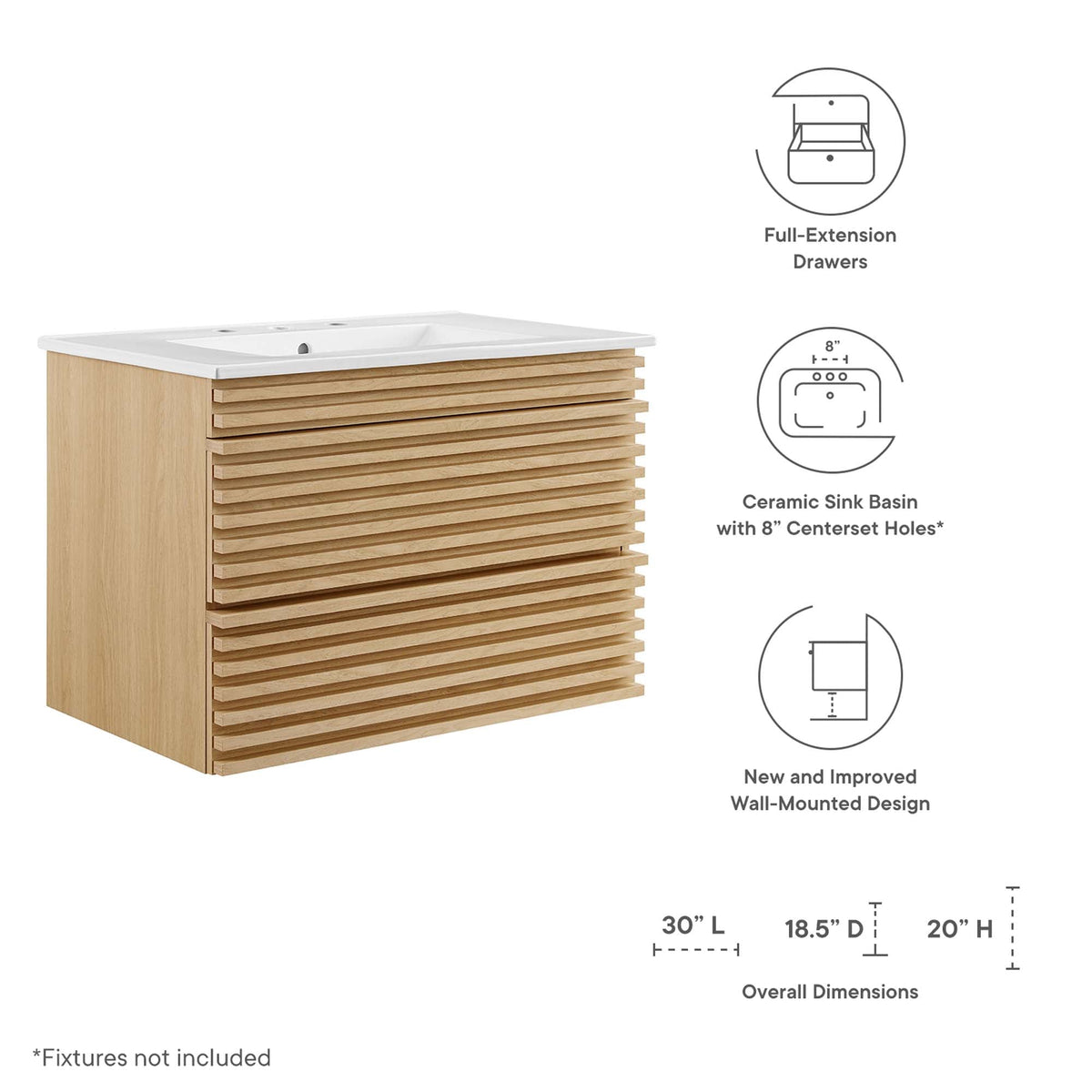 Render 30" Wall-Mount Bathroom Vanity by Modway