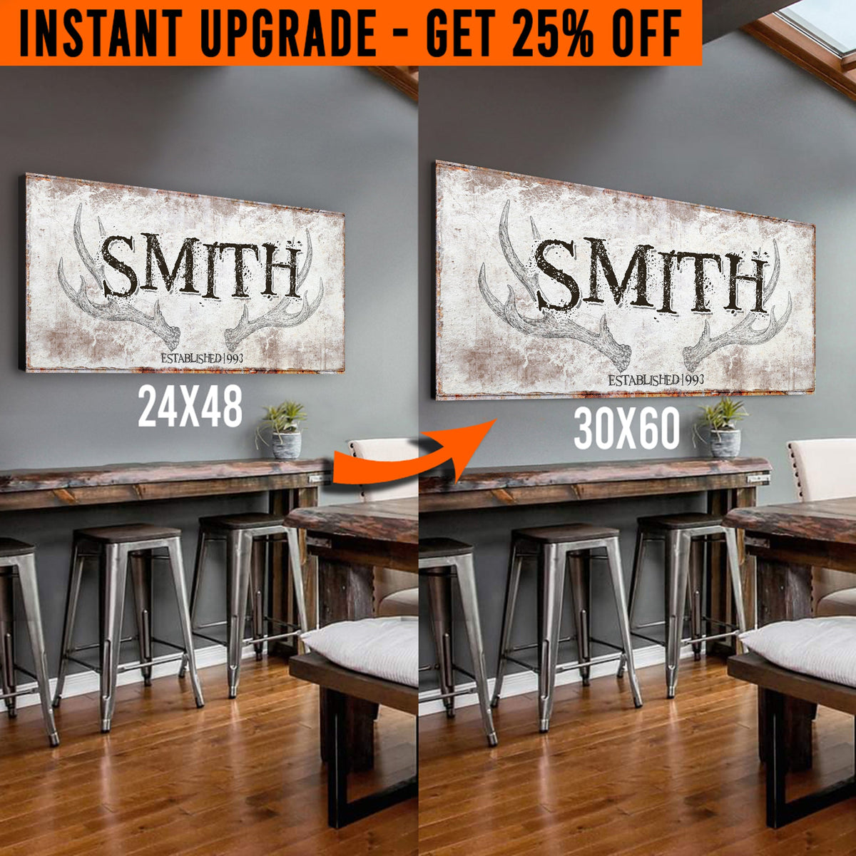 Upgrade Your 24x48 Inches 'Rustic Family Antler' (Style 1) Canvas To 60x30 Inches