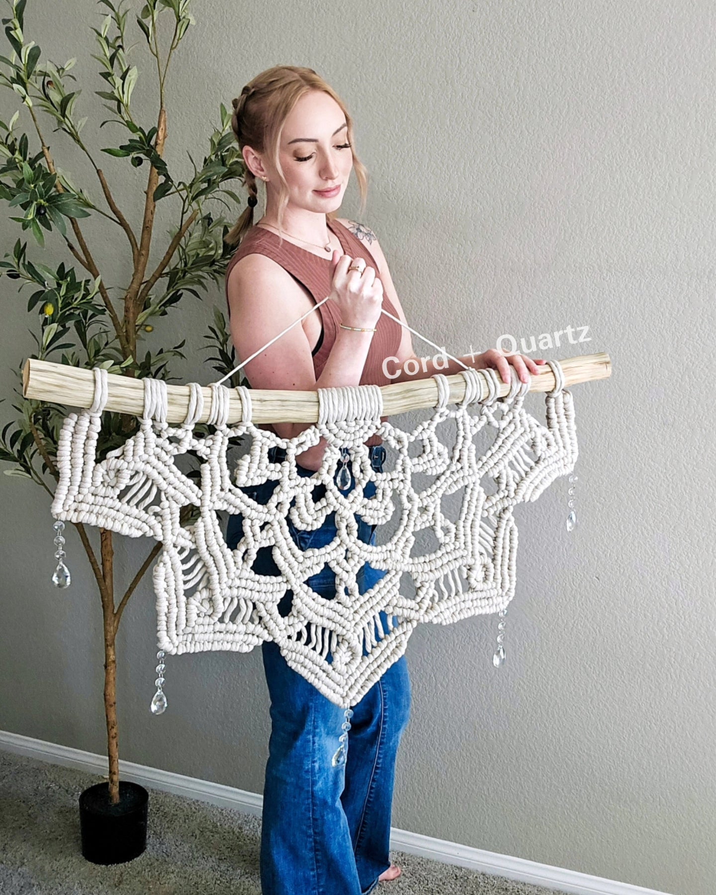 3 foot Large half mandala macramé wall hanging with hanging crystal drops.