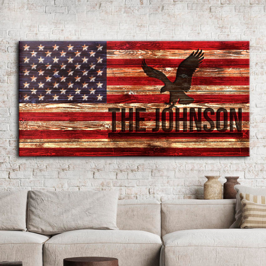 Rustic American Flag Family Name Sign