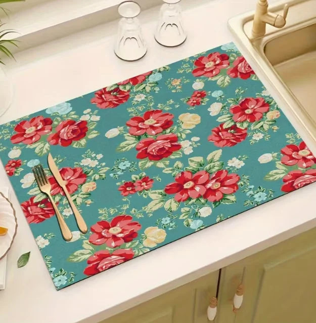 One White Floral Print Tableware Drying Mat Daily Decorative Drying Pad Countertop Absorbent Placemat Refrigerator Mat
