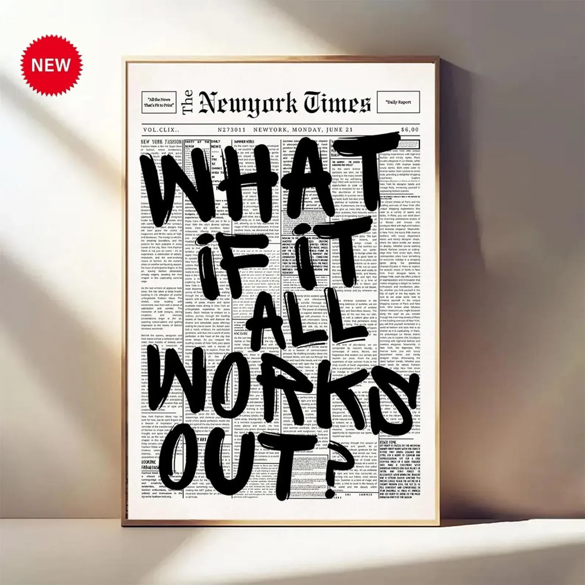 Newspaper Poster - What If It All Works Out - Positive Quote Canvas Wall Art, Affirming Minimalist Prints, Neutral Dorm Room Bed