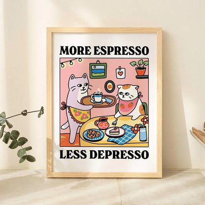 More Espresso Less Depresso Black Cat Wall Print, Coffee Cat Poster, Kitchen Art, Handmade Cat Coffee Poster, Coffee Bar, Unique