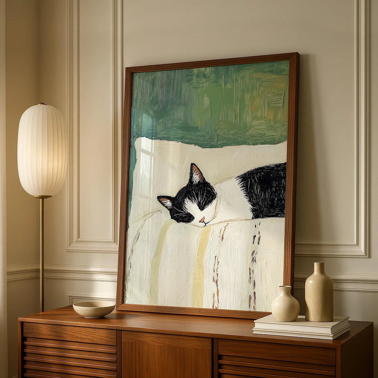 Sleeping Tuxedo Cat Wall Art Print: Black and White Cat Painting, Unframed Cat Poster gift decoration