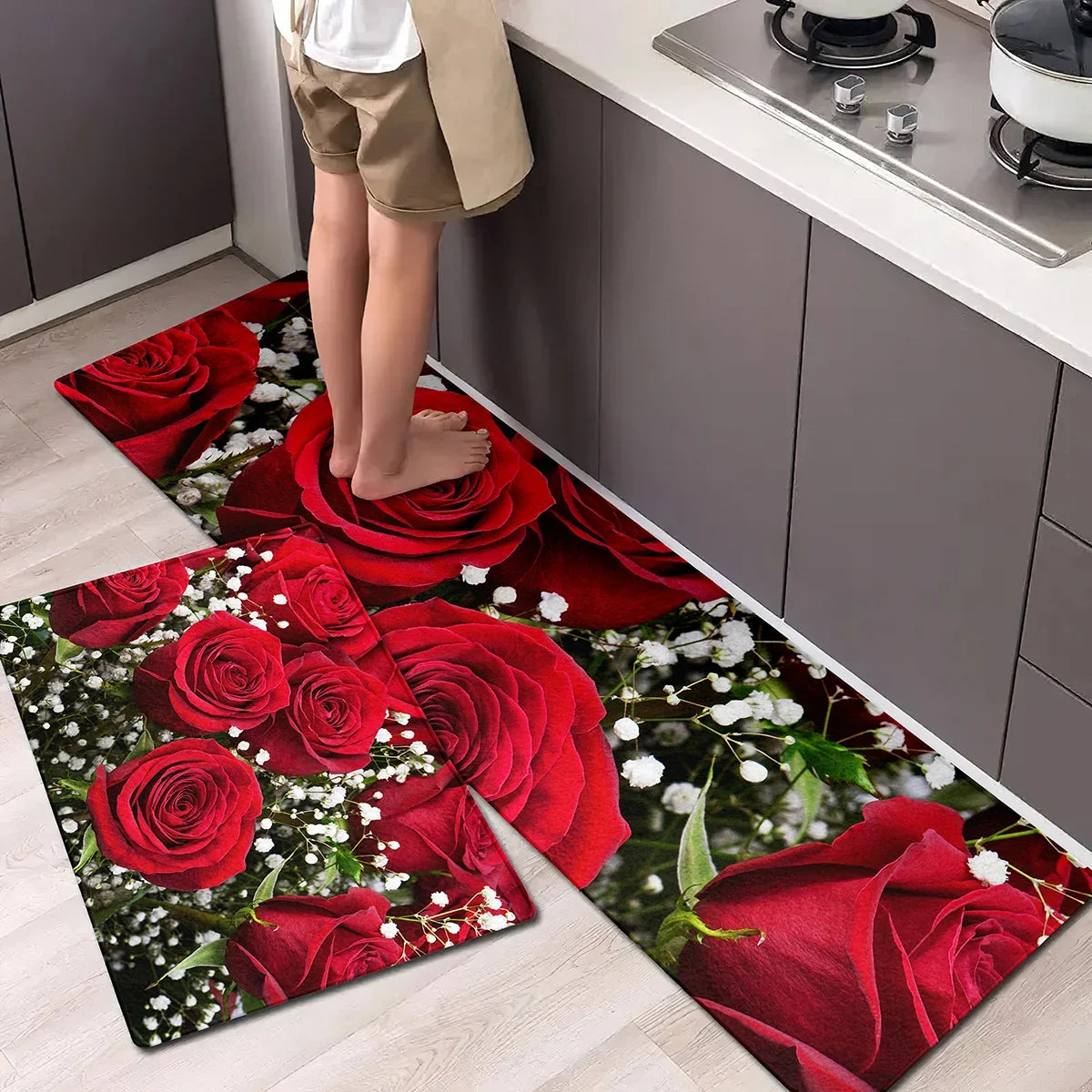 VIKAMA 1/2pc Valentine's Day Romantic Rose Print Rug, Non-Slip, Dirt-Proof. For Kitchen, Bathroom, Entrance Home Decor Carpet.