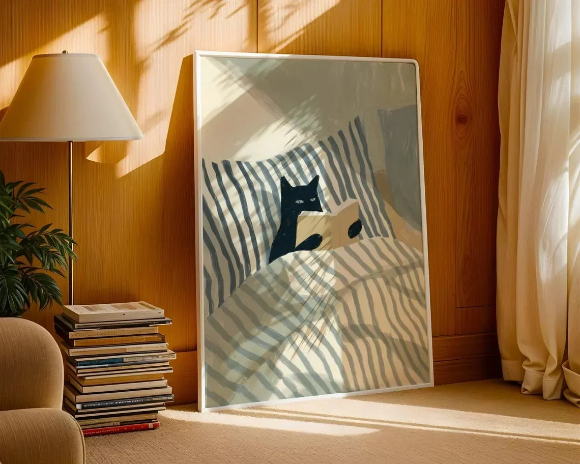Cat Reading Print – Black Cat Wall Art, Cosy Bedroom Poster, Book Lover Cat Illustration, Cat in Bed Print, Reading Decor, Cat B